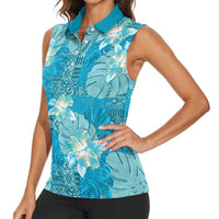 Hawaii Women Sleeveless Polo Shirt Teal Polynesian Monstera Patterns DT05 - Polynesian Pride