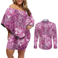 Hawaii Couples Matching Off Shoulder Short Dress and Long Sleeve Button Shirt Magenta Polynesian Monstera Patterns - Polynesian Pride
