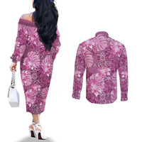 Hawaii Couples Matching Off The Shoulder Long Sleeve Dress and Long Sleeve Button Shirt Magenta Polynesian Monstera Patterns - Polynesian Pride