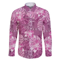 Hawaii Family Matching Puletasi and Hawaiian Shirt Magenta Polynesian Monstera Patterns DT05 Dad's Shirt - Long Sleeve Magenta - Polynesian Pride