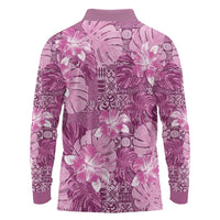 Hawaii Long Sleeve Polo Shirt Magenta Polynesian Monstera Patterns DT05 - Polynesian Pride