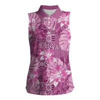 Hawaii Women Sleeveless Polo Shirt Magenta Polynesian Monstera Patterns DT05 Female Magenta - Polynesian Pride