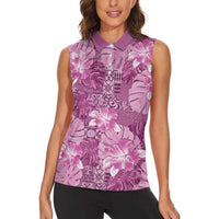 Hawaii Women Sleeveless Polo Shirt Magenta Polynesian Monstera Patterns DT05 - Polynesian Pride