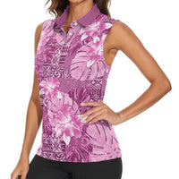 Hawaii Women Sleeveless Polo Shirt Magenta Polynesian Monstera Patterns DT05 - Polynesian Pride