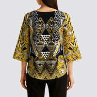 Aotearoa Ngati Whatua Kimono Sleeve Blouse Maori Tribal Gold Paua Shell Pattern DT05 - Polynesian Pride