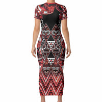 Aotearoa Ngapuhi Short Sleeve Bodycon Dress Maori Red Tribal Paua Shell Pattern DT05 - Polynesian Pride