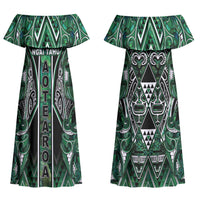 Aotearoa Ngai Tahu Couples Matching Off Shoulder Maxi Dress and Long Sleeve Button Shirt Maori Tribal Dark Green Paua Shell Pattern DT05 - Polynesian Pride