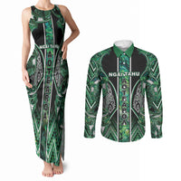 Aotearoa Ngai Tahu Couples Matching Tank Maxi Dress and Long Sleeve Button Shirt Maori Tribal Dark Green Paua Shell Pattern DT05 Green - Polynesian Pride