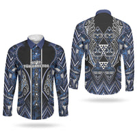 Aotearoa Tuwharetoa Couples Matching Long Sleeve Bodycon Dress and Long Sleeve Button Shirt Maori Tribal Navy Paua Shell Pattern DT05 - Polynesian Pride