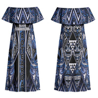Aotearoa Tuwharetoa Couples Matching Off Shoulder Maxi Dress and Hawaiian Shirt Maori Tribal Navy Paua Shell Pattern DT05 - Polynesian Pride