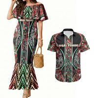 Aotearoa Ngai Tuhoe Couples Matching Mermaid Dress and Hawaiian Shirt Maori Tribal Red And Green Paua Shell Pattern DT05 Red - Polynesian Pride