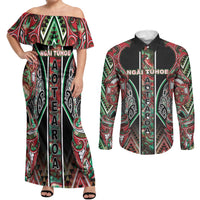 Aotearoa Ngai Tuhoe Couples Matching Off Shoulder Maxi Dress and Long Sleeve Button Shirt Maori Tribal Red And Green Paua Shell Pattern DT05 Red - Polynesian Pride