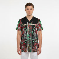 Aotearoa Ngai Tuhoe Scrub Top Maori Tribal Red And Green Paua Shell Pattern DT05 - Polynesian Pride