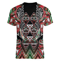 Aotearoa Ngai Tuhoe Women V-Neck T-Shirt Maori Tribal Red And Green Paua Shell Pattern DT05 - Polynesian Pride