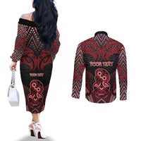 Personalised New Zealand Waitangi Day Couples Matching Off The Shoulder Long Sleeve Dress and Long Sleeve Button Shirt Te Tiriti O Waitangi 1840 - Polynesian Pride