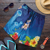 Fiji Jellyfish Shorts for Men Tapa Patterns and Hibiscus Sea Vibe LT03 Blue - Polynesian Pride