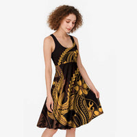 Gold Black Aloha Hawaii Midi Dress Polynesian Shark Tattoo With Plumeria - Polynesian Pride