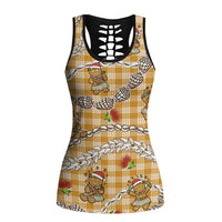 Gold Palaka Hawaii Mele Kalikimaka Hollow Tank Top Ohia Lehua Shell Leis Funny Gingerbread Santa LT14 Female Gold - Polynesian Pride