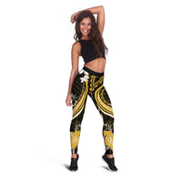 Gold Polynesian Pattern With Tropical Flowers Leggings - Polynesian Pride
