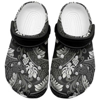 Grayscale Monstera Clogs Shoes Polynesian Tribal Pattern - Polynesian Pride