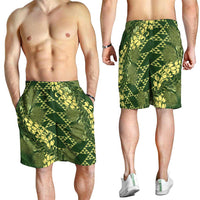 Green Aloha Hawaii Shorts for Men Hawaiian Kakau Ohia Lehua Lei LT14 - Polynesian Pride
