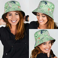 Green Palaka Crane and Flowers Bucket Hat Japan Heritage Spirit - Polynesian Pride