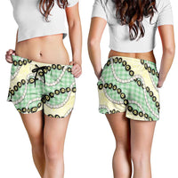 Green Palaka Hawaii Shorts for Women Kukui Nut Pikake Lei Hawaiian Tapa Pattern LT14 - Polynesian Pride