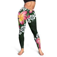 Green Polynesia Leggings Plumeria With Hibiscus Pattern Tropical Vibes - Polynesian Pride