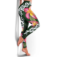 Green Polynesia Leggings Plumeria With Hibiscus Pattern Tropical Vibes - Polynesian Pride