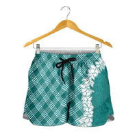 Hawaii Aloha Plumeria Lei Teal Palaka Shorts for Women - Polynesian Pride