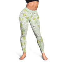 Hawaii Anthurium Tiare Pikake Lei Leggings Sage Green Lauhala Art Pattern LT01 - Polynesian Pride