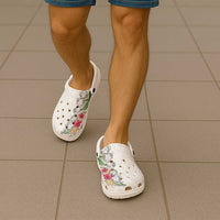 Hawaii DNA Kakau Tattoo Clogs Shoes with Plumeria and Hibiscus Tropical Plants White Color LT03 - Polynesian Pride