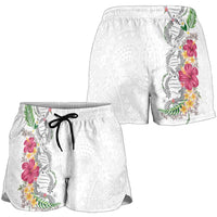 Hawaii DNA Kakau Tattoo Shorts for Women with Plumeria and Hibiscus Tropical Plants White Color LT03 - Polynesian Pride