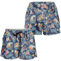 Hawaii Islands Map Design with Japanese Landscape Shorts for Women Hawaiian Japan Fusion Art Navy Color
