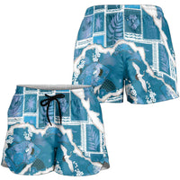Hawaii Japanese Culture Blue Shorts for Women Spring Cranes Aloha Pattern LT01 - Polynesian Pride