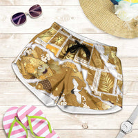 Hawaii Japanese Culture Gold Shorts for Women Spring Cranes Aloha Pattern