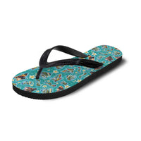 Hawaii Map with Plumeria Flower and Palaka Pattern Flip Flops Tropical Island Teal Design LT03 - Polynesian Pride