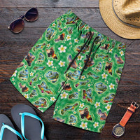 Hawaii Map with Plumeria Flower and Palaka Pattern Shorts for Men Tropical Island Green Design LT03 Green - Polynesian Pride