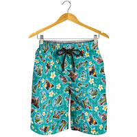 Hawaii Map with Plumeria Flower and Palaka Pattern Shorts for Men Tropical Island Teal Design LT03 - Polynesian Pride