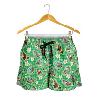 Hawaii Map with Plumeria Flower and Palaka Pattern Shorts for Women Tropical Island Green Design LT03 - Polynesian Pride