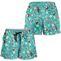 Hawaii Map with Plumeria Flower and Palaka Pattern Shorts for Women Tropical Island Teal Design LT03 - Polynesian Pride