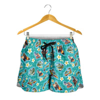 Hawaii Map with Plumeria Flower and Palaka Pattern Shorts for Women Tropical Island Teal Design LT03 - Polynesian Pride