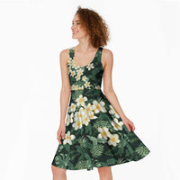 Hawaii Plumeria Tropical Leaves Midi Dress Monstera Calathea Palm Fronds