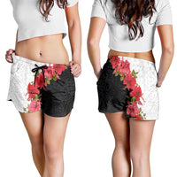 Hawaii Red Hibiscus Flowers Shorts for Women Polynesian Pattern Half Black White Version LT03 - Polynesian Pride
