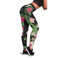 Hawaii Tropical Flowers Leggings Polynesian Tattoo Black