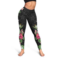 Hawaii Tropical Flowers Leggings Polynesian Tattoo Black