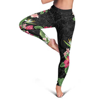 Hawaii Tropical Flowers Leggings Polynesian Tattoo Black