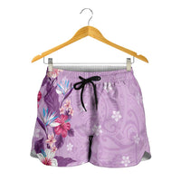 Hawaii Tropical Flowers Shorts for Women Polynesian Tattoo Lavender LT05 - Polynesian Pride