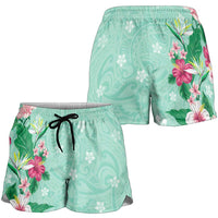 Hawaii Tropical Flowers Shorts for Women Polynesian Tattoo Mint Green LT05 - Polynesian Pride