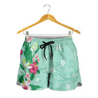 Hawaii Tropical Flowers Shorts for Women Polynesian Tattoo Mint Green LT05 - Polynesian Pride